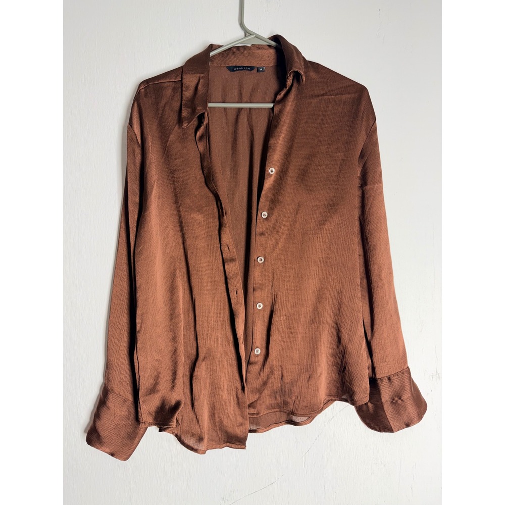 Wardrobe Brown Satin Button Down Blouse Long Sleeve Textured Shirt Womens Medium